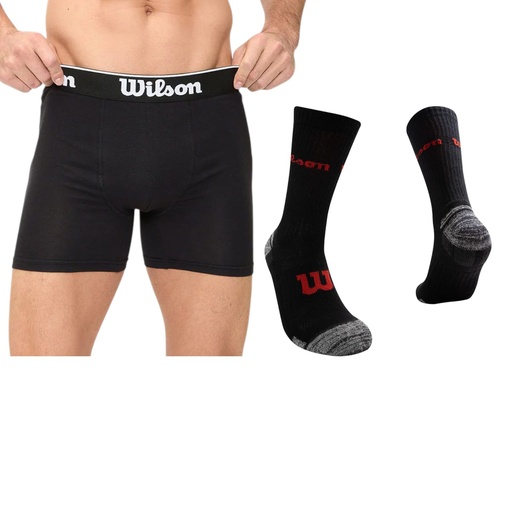 [91693+0775.] BOXER INDIVIDUAL WILSON ALGODÓN NEGRO + TRIPACK DE MEDIAS.